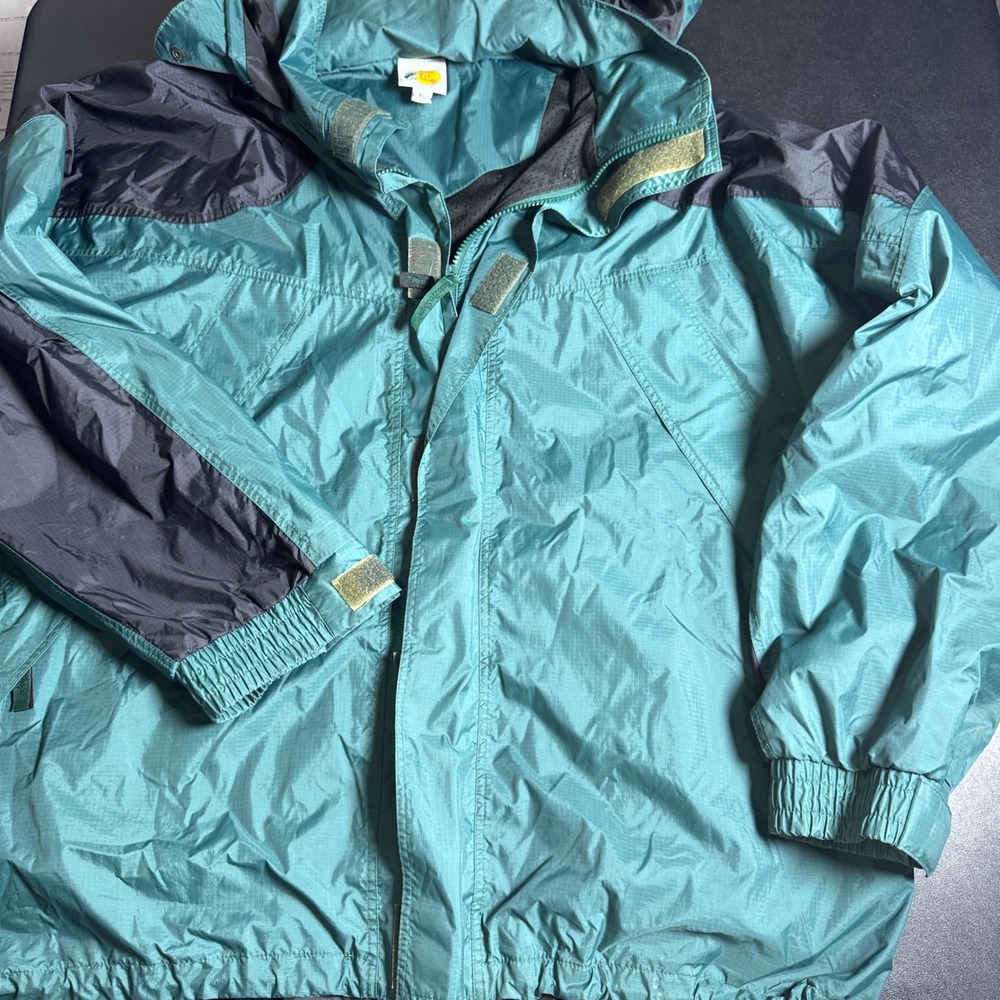 Bass Pro Shops Windbreaker Jacket Mens XL Teal‎ Green Black Vintage Hooded Coat
